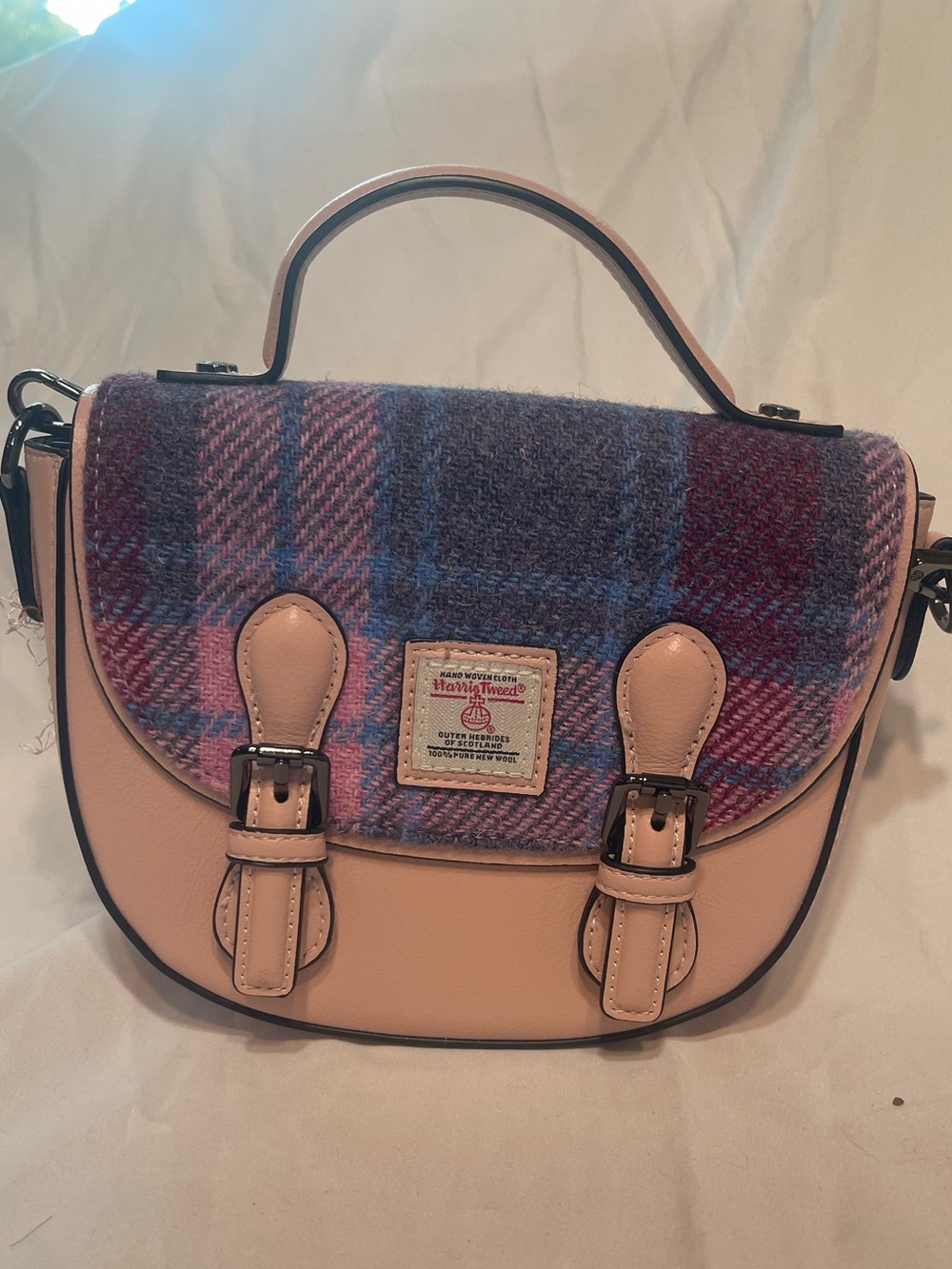 Islander Pink Leather Satchel with Plaid Wool Flap